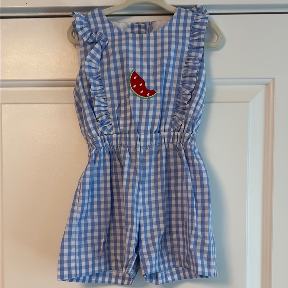 Little English Blue Gingham Watermelon Girls Romper